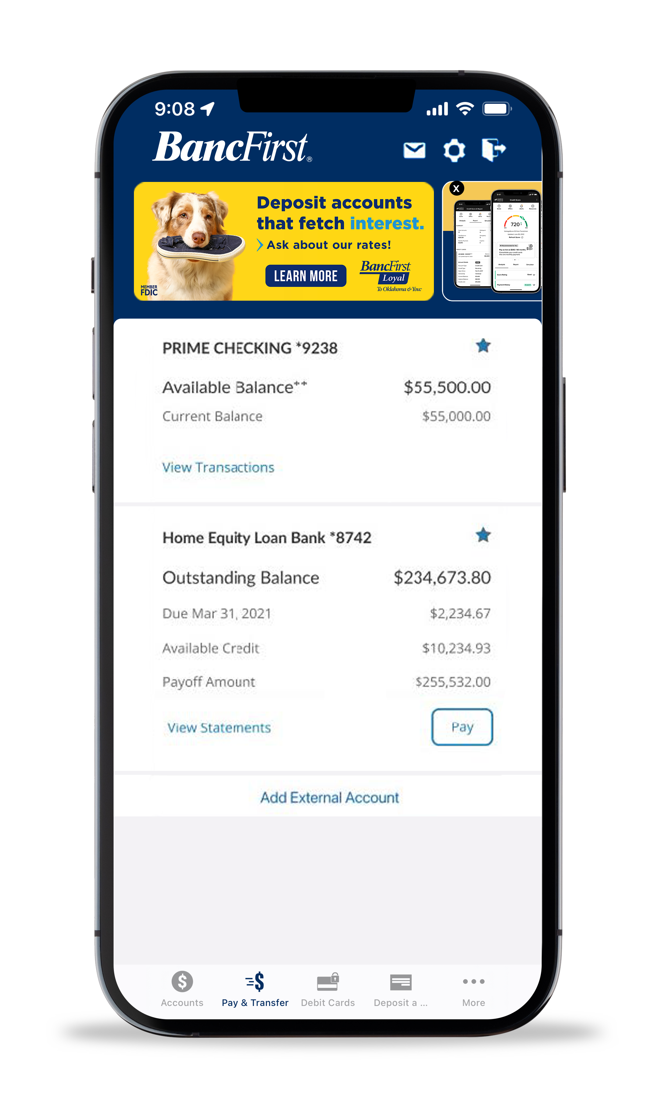 Mobile display of bank account summary